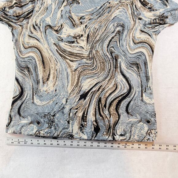 Cathy Blouse Woman LJewel Neck 3/4 Sleeve Blue Brown Black Textured Fabric - Picture 8 of 11